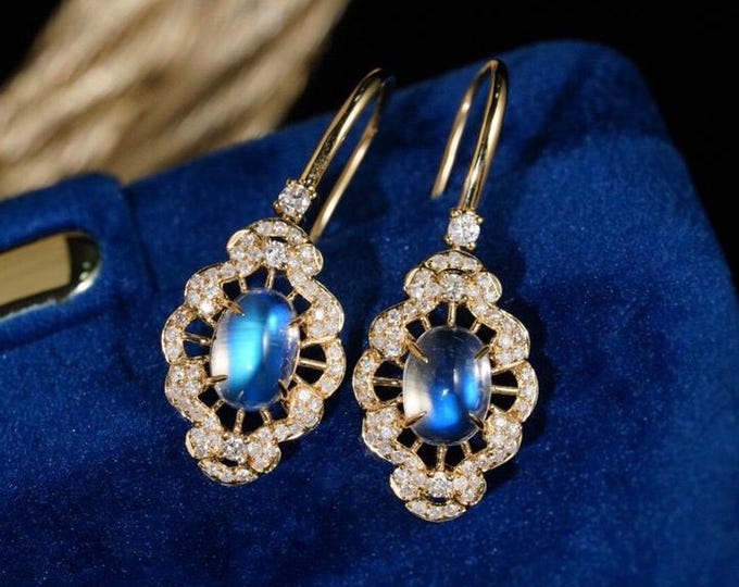 18k gold 6x8mm natural moonstone earrings with diamond halo/Certified natural moonstone dangles/Handmade  moonstone dangles/Unique vintage