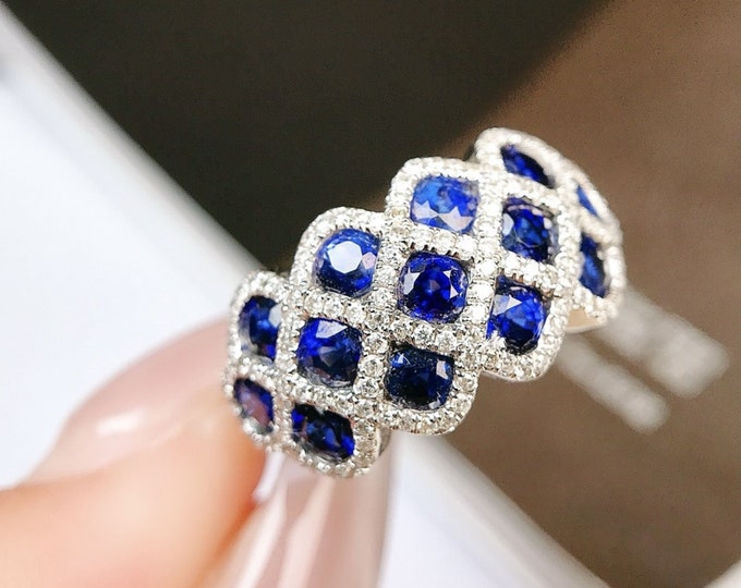 Multi-stone 18k white gold sapphire engagement ring with natural diamonds/Royal blue sapphire ring/Vintage Antique/Art Deco/Dainty Celtic