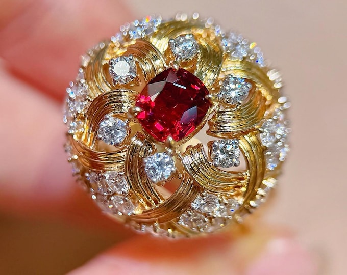 Luxury Natural Jedi Spinel Ring, 18K Gold Diamond Paved Antique Ring, Handmade Vintage Inspired Fine Jewelry for Women
