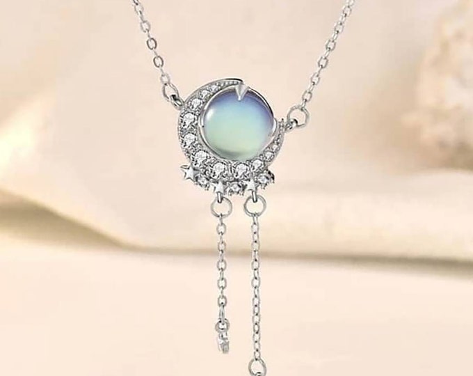 custom moon stone necklace, 18k white, chain is included.