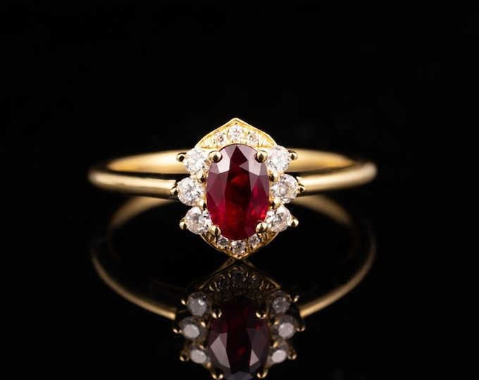 Classic Mozambique natural raw ruby ring/18k rose gold ruby engagement ring with diamond halo/antique ruby ring/art deco real ruby ring