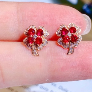 18k rose gold natural Mozambique ruby earrings with diamonds/Certified genuine ruby studs/Handmade Viking earrings/Unique vintage gift