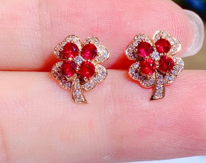 18k rose gold natural Mozambique ruby earrings with diamonds/Certified genuine ruby studs/Handmade Viking earrings/Unique vintage gift