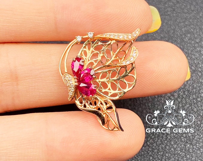 Natural R9uby Unique Butterfly Pendant in 18k rose gold with diamonds/Personalized ruby necklace/New mum/Birthday Anniversary gift  for her