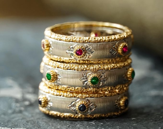 Natural emerald ruby sapphire gold band/unique trendy wedding bands in solid gold/handmade fine wedding ring/Birthday anniversary jewelry