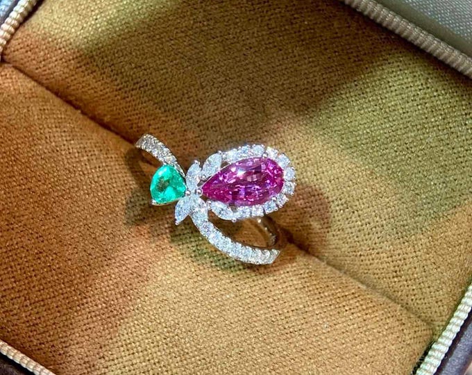 18k/14k white gold multi-stone Genuine unheated Padparadscha sapphire with emerald diamonds ring women
