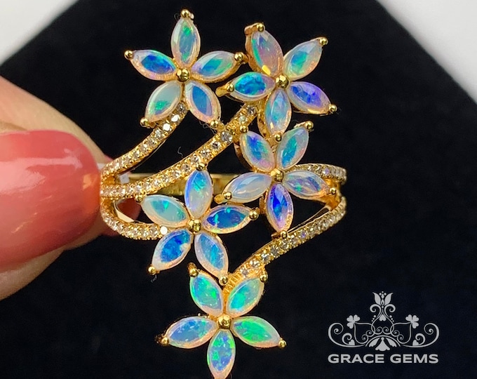 Unique Five Flower Cluster Marquise Natural Australian Opal Ring 18k/14k Yellow Gold&Diamonds/Mexican Fire Opal/Boulder Opal Engagement ring