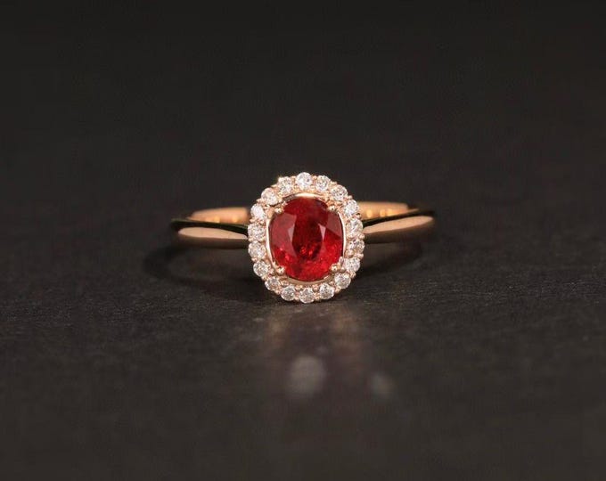 High end natural pigeon blood ruby ring in solid 18k rose gold/Halo diamond ruby ring/Minimalist genuine ruby ring/handmade custom fine ring