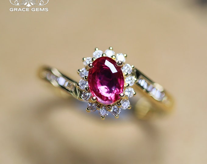 18k Rose gold Unique Natural Ruby ring/Engagement wedding ruby ring with diamond halo band/Unheated handmade women ring/Bridal promise ring