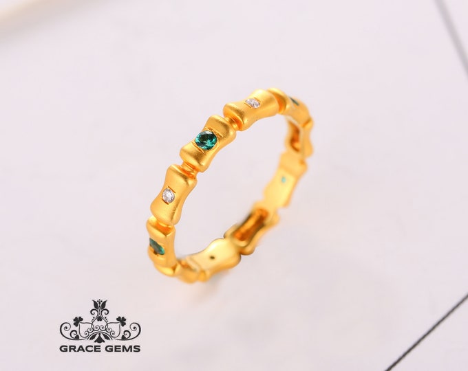 Minimalist natural emerald engagement wedding band with solid 18k gold with diamonds/Vintage Unique Celtic custom gift/Delicate promise gift