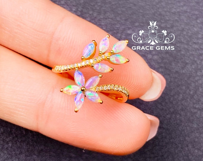 Flower Cluster Marquise Genuine Australian Opal Engagement Ring in 18k rose Gold with Diamonds/Fire Opal/Boulder Opal Wedding Bridal Ring
