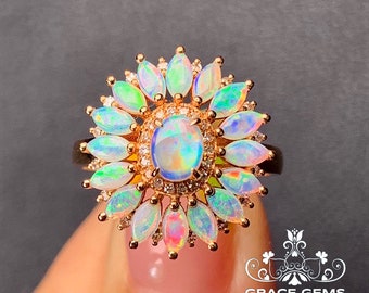 Unique Genuine Marquise Australian Opal Ring in Solid 18k/14k Rose Gold &Diamonds/Boulder Opal Engagement Wedding/Mother&#39;s Day gift for her