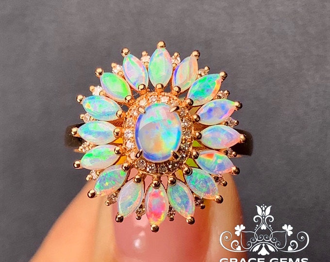 Unique Genuine Marquise Australian Opal Ring in Solid 18k/14k Rose Gold &Diamonds/Boulder Opal Engagement Wedding/Mother's Day gift for her