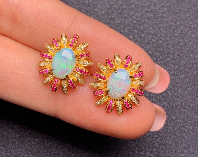 18k Solid Rose Gold Genuine Australian Opal Push Back earring studs with diamond ruby accents/Natural Opal Unique Anniversary gift/Handmade