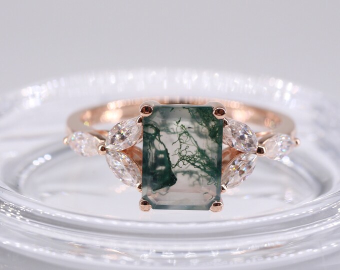 Emerald Cut angle 18k Solid Gold 6x8mm Moss Agate ring with Diamond Accent/Engagement Wedding Ring/Custom Unique Anniversary Gift/Handmade