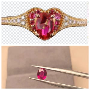 May include: A heart-shaped ring with a large oval ruby surrounded by smaller pink rubies. The ring is set in gold and has a band of small diamonds.