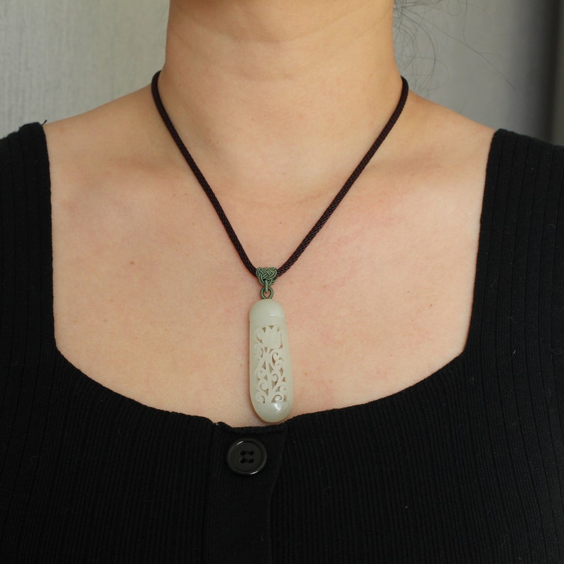 Natural white jade hollow-carved pendant Hand-carved jade pendant/White jade necklace/Unique carved jade diffuser/Vintage white jade pendant image 8