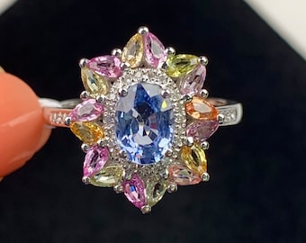 Certified Natural Multi-stone Padparadscha Sapphire Engagement Ring in 18k14k Gold & Diamond/Multi color gemstone/Vintage Antique/Art Deco