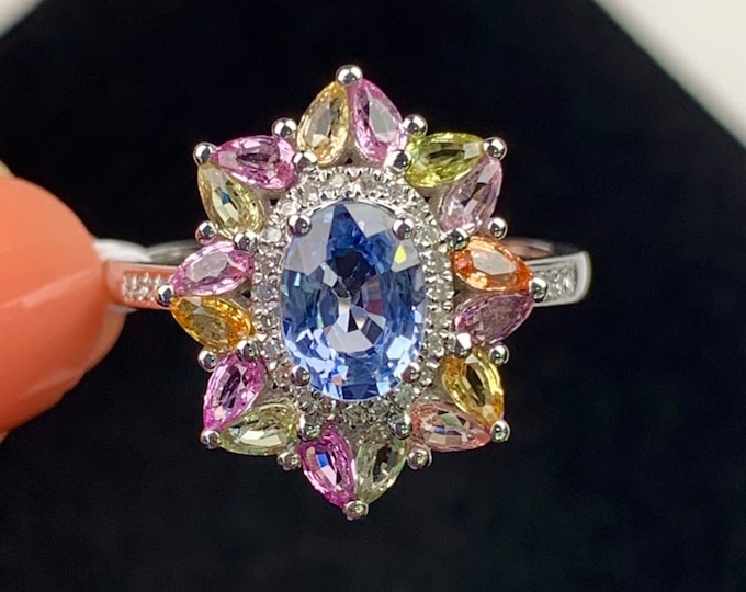 Certified Natural Multi-stone Padparadscha Sapphire Engagement Ring in 18k14k Gold & Diamond/Multi color gemstone/Vintage Antique/Art Deco