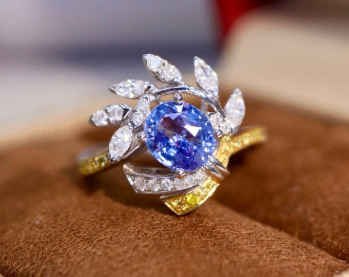 18k white gold natural cornflower sapphire ring/unique natural sapphire ring with diamonds/handmade sapphire ring for women engagement ring