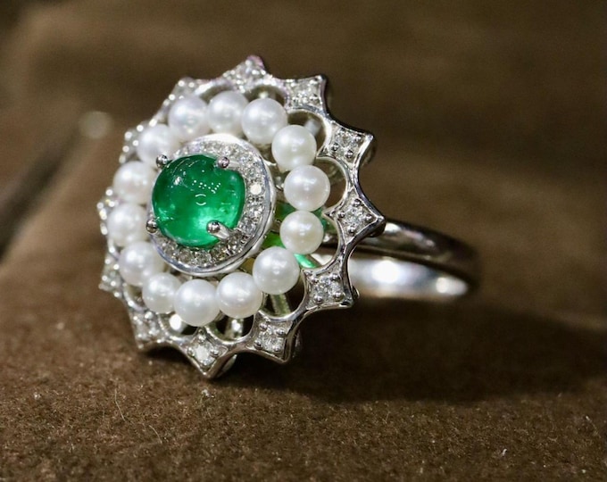 Unique 18k white gold Emerald pearl Ring/Engagement Wedding Ring/Real Emerald promise ring/Handmade Jewelry for her birthday anniversary