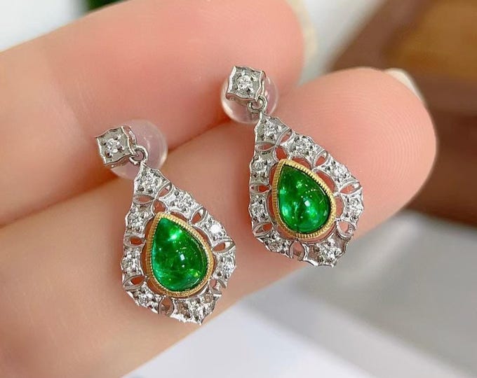 18k gold Zambia natural emerald dangle earrings/Pear cut emerald earring diamonds/Victoria earrings gold backs/Unique Birthstone Anniversary