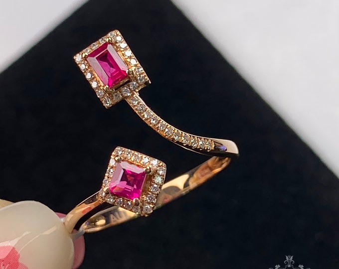 18K Rose Gold ruby ring/Natural Engagement Ring with Diamonds/halo ruby wedding ring/Vintage Handmade jewelry ring for women Bridal set/boho