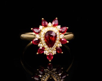 Handmade Marquise Ruby Ring: 18k Rose Gold Diamond & Sapphire Vintage Engagement Ring
