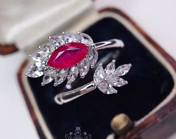 18k marquise ruby ring/White Gold Vintage Engagement Ring  Diamond/Halo Band/Multi-stone Best Friend Gift/Celtic Boho/handmade ring women