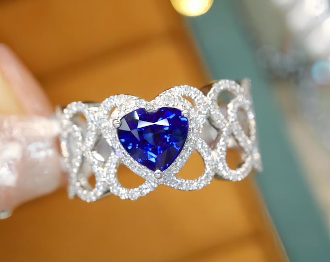 Unique natural untreated Sri Lanka Heart Royal Blue Sapphire Ring In 18k White Gold With Diamonds Accents - Victoria Vintage Sapphire Band