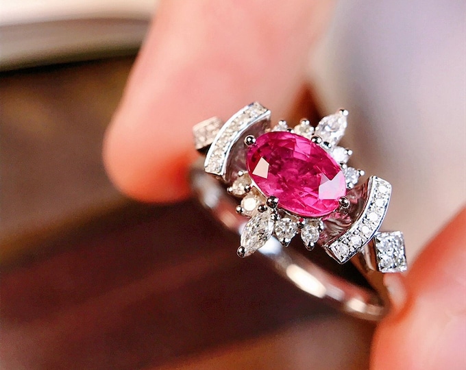 Unique18k white gold pink sapphire engagement ring/Natural oval pink sapphire ring diamond halo/Pink Padparadscha ring/Celtic elegant ring