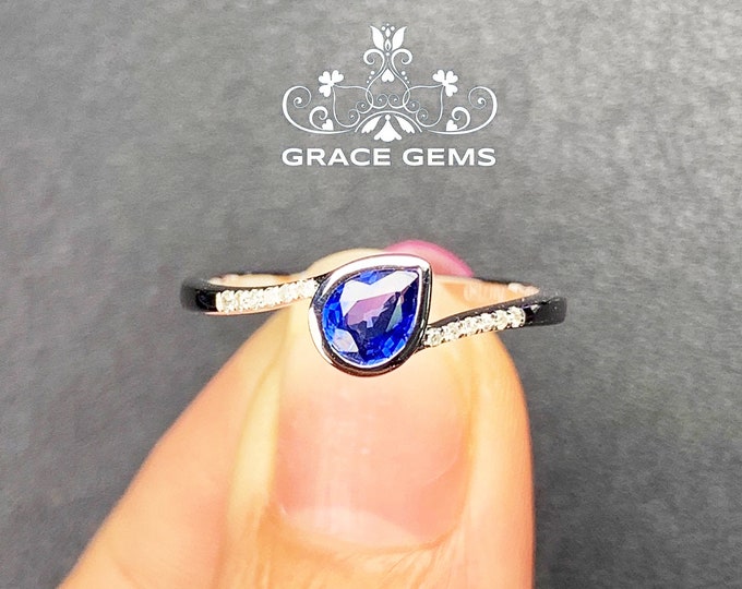 Minimalist 18k/14k white gold pear sapphire engagement ring with diamonds/Blue gemstone/Vintage Antique/Art Deco/Promise wedding ring/Celtic