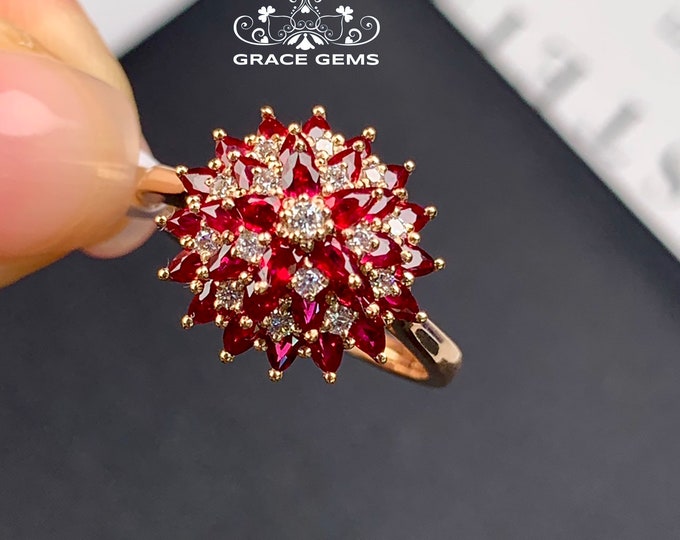 18k rose gold Round flower ruby Ring/Half eternity diamond halo Star Ruby Ring/handmade jewelry for women bridal gift/vintage Art Deco ring