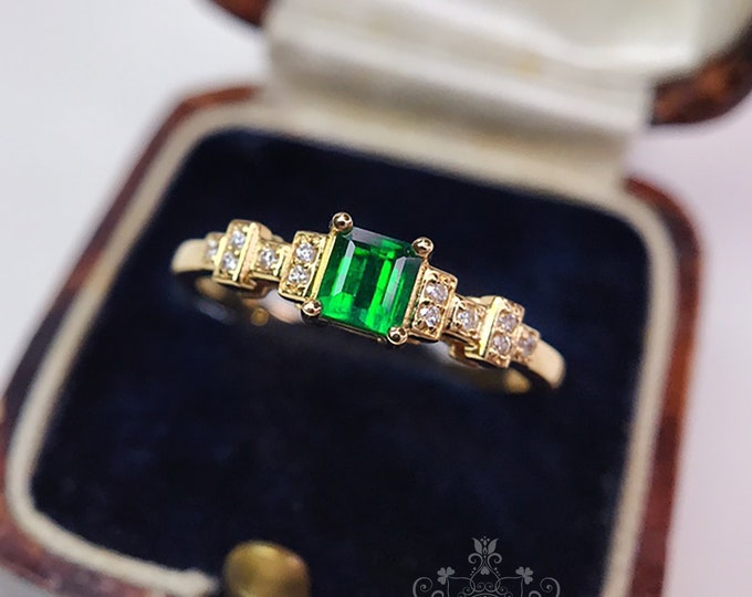 Certified Genuine Emerald Engagement Wedding Ring in 18k gold with diamonds/Emerald Mother's Day gift/One of a Kind gift/Art Dec0