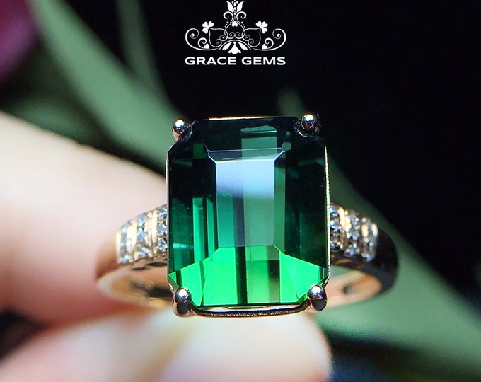 18k gold rectangle emerald cut 6.2CT green engagement tourmaline ring with diamonds/Tourmaline birthstone wedding band/Mother's Da