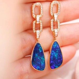 18k Gold Real Australian blue Opal Earrings with diamonds/Back Sealed Natural opal earrings/Colorful opal earrings/Unique opal earrings