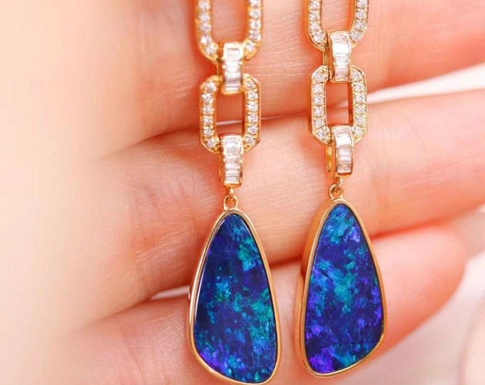 18k Gold Real Australian blue Opal Earrings with diamonds/Back Sealed Natural opal earrings/Colorful opal earrings/Unique opal earrings
