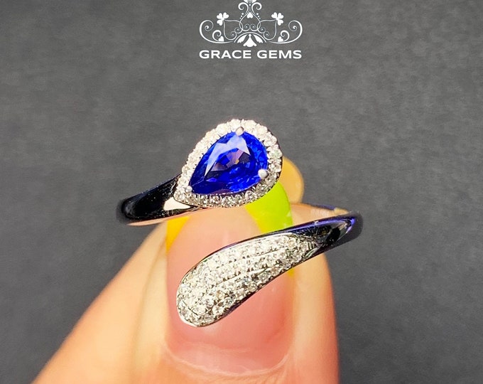 Minimalist 18k/14k white gold pear sapphire engagement ring with diamonds/Blue gemstone/Vintage Antique/Art Deco/Promise wedding ring/Celtic