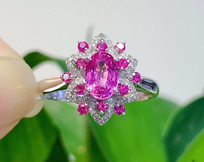 18k/14k gold real pinky sapphire ring/Padparadcha diamond red sapphire engagement promise ring/Vintage sapphire gold pinky ring/gift for her