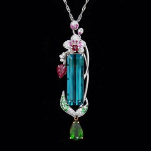 Luxurious natural teal tourmaline pendant/unique 18k rose gold diamond blue tourmaline tourmaline/High end tourmaline necklace jewelry women
