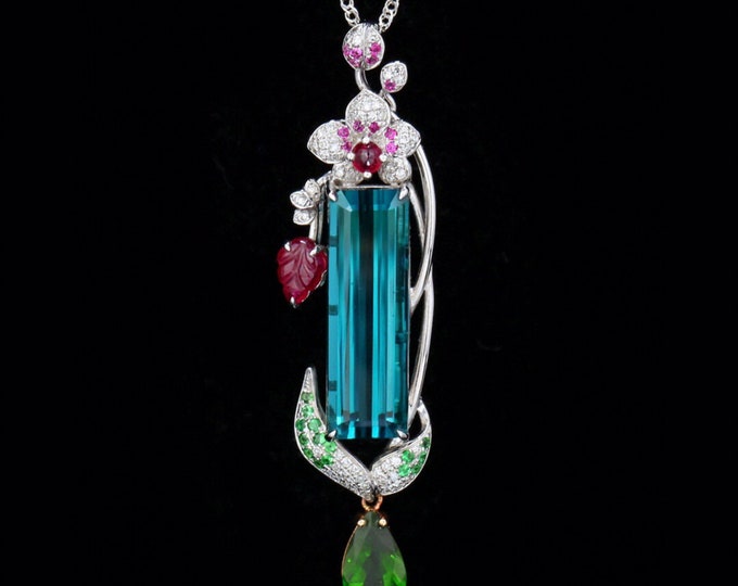 Luxurious natural teal tourmaline pendant/unique 18k rose gold diamond blue tourmaline tourmaline/High end tourmaline necklace jewelry women