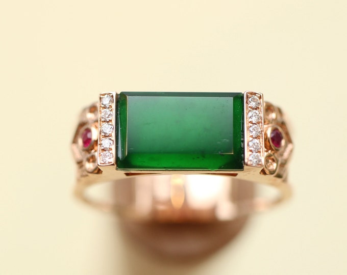 18k Solid Rose Gold Luxurious Class  Rectangle Natural Myanmar Icy Green Jadeite ring/One of a kind unique Engagement Wedding Ring/Egyptian