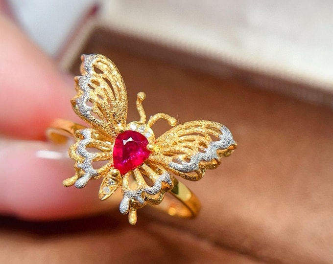 18k solid Gold Mozambique Ruby Ring-Art Deco butterfly ruby ring/investment ruby,pigeon blood ruby,certified ruby,rare ruby,luxury fine ring