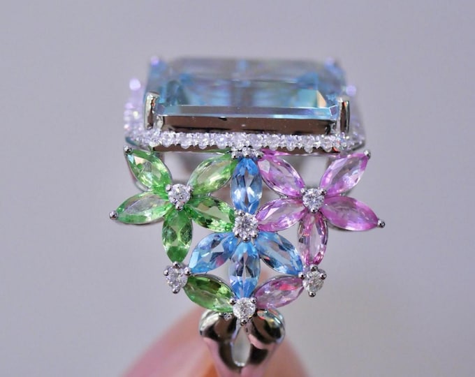 Luxury Santa Maria ring in 18k white gold/Statement aquamarine ring with pink sapphire and green tsavorites