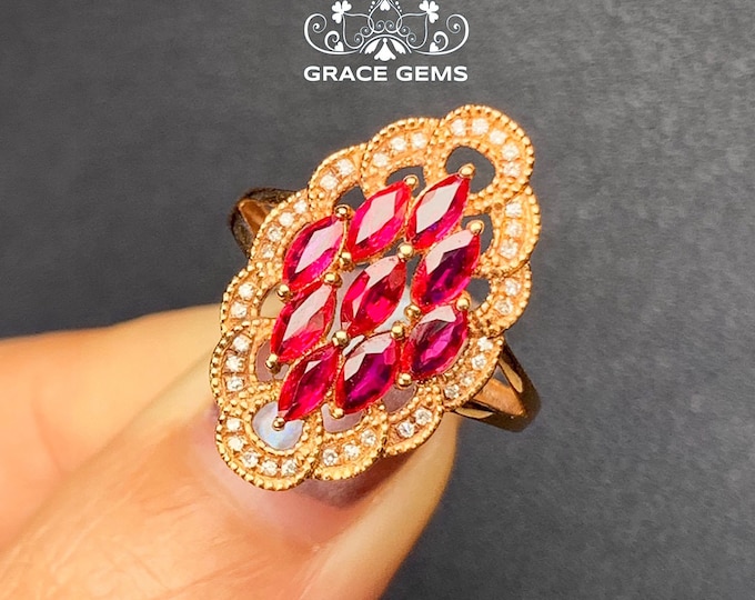 18K Rose Gold ruby ring/Natural Engagement Ring with Diamonds/halo ruby wedding ring/Vintage Handmade jewelry ring for women Bridal set/boho