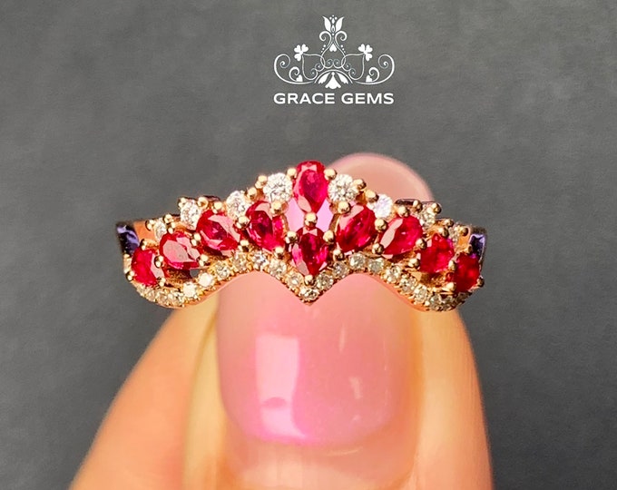 18K Rose Gold Ruby Ring/Art Deco Ruby and Diamond Ring/Ruby Diamond Engagement Ring/Natural Antique Ruby Ring/Stackable ruby Ring/Vintage
