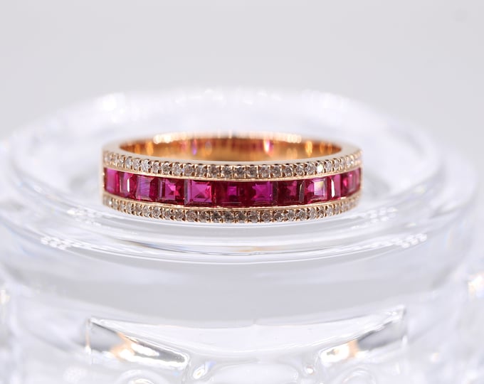 18k rose gold ruby engagement ring/Natural ruby paved band/real Diamond ruby band/Ruby staking band/Unique ruby ring antique/eternity ruby