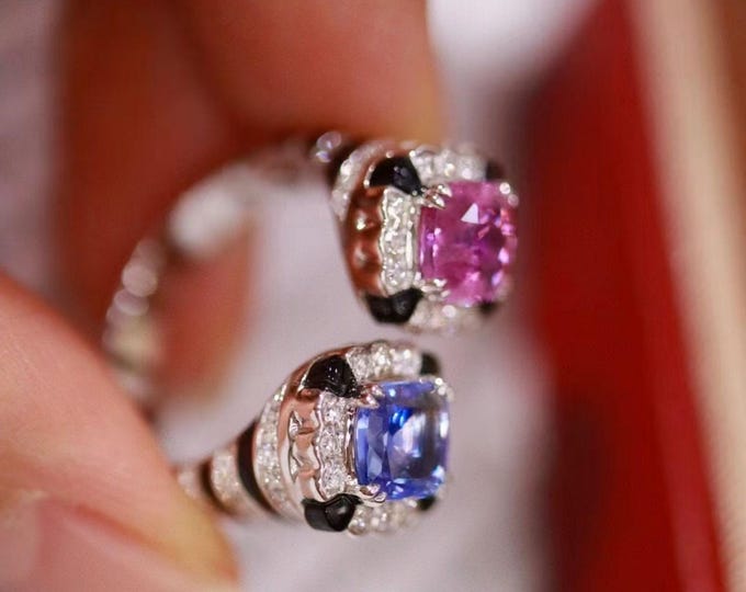 Natural Padparadscha sapphire engagement ring/two tone pink sapphire ring with diamonds/Blue sapphire Vintage Antique/Art Deco anniversary