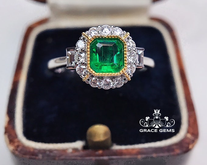 18k diamond emerald ring/Natural Certified Columbian 0.5CT Emerald/Engagement Wedding ring/eternity halo handmade ring/unique  promise ring