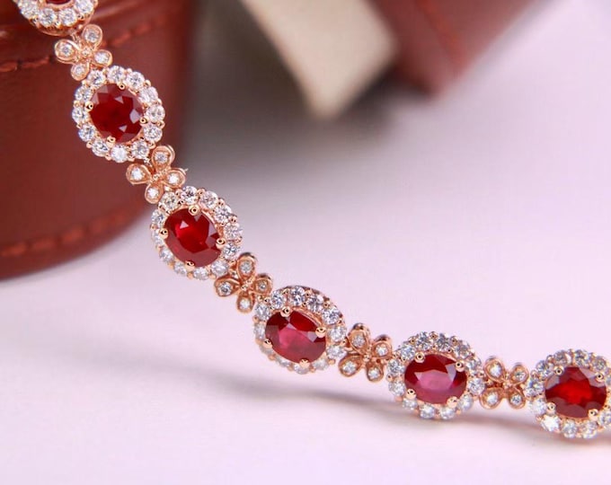 Genuine natural Pigeon Blood Red Ruby Bracelet in 18K rose Gold with diamonds/Unique Natural ruby bracelet/Anniversary Birthday Gift women